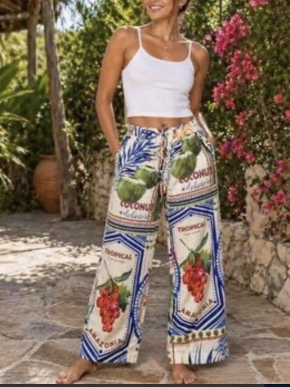 Rachel Zoe Pants XS Blue Red Linen Wide Leg Tropical Island Fruit Farm Rio style